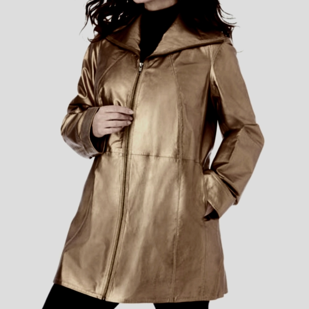 ROAMAN'S Metallic Bronze Leather Zipper Front A-Line Coat Sz 18W